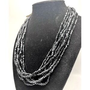 NWT Czechoslovakia Vintage Boho Black Glass Seed Bead Multi Strand 18" Necklace